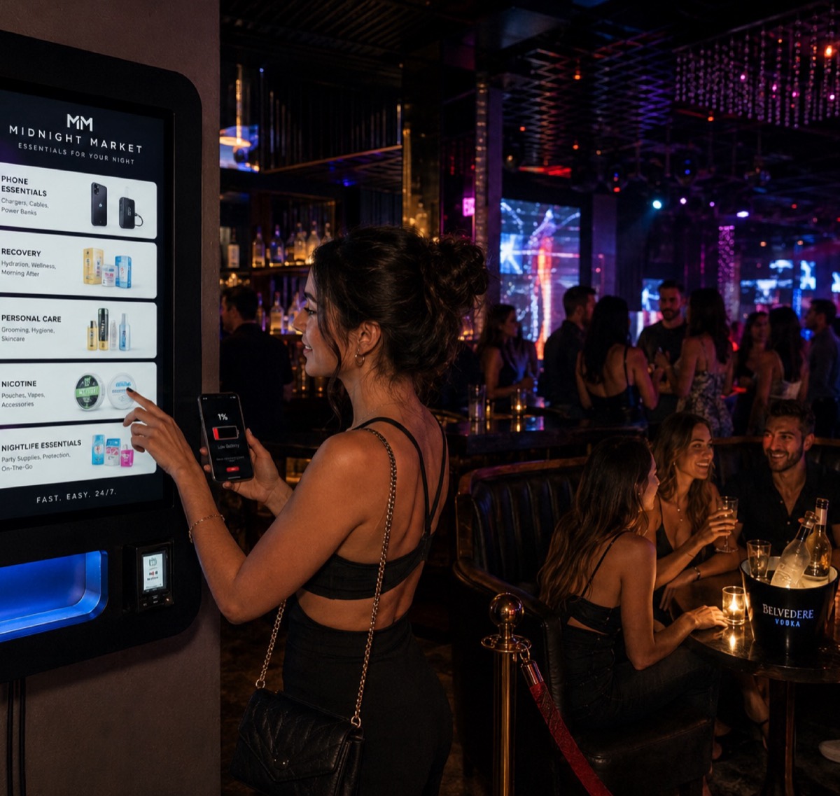 A Midnight Market kiosk mounted on a wall inside a busy, low-lit nightlife room.