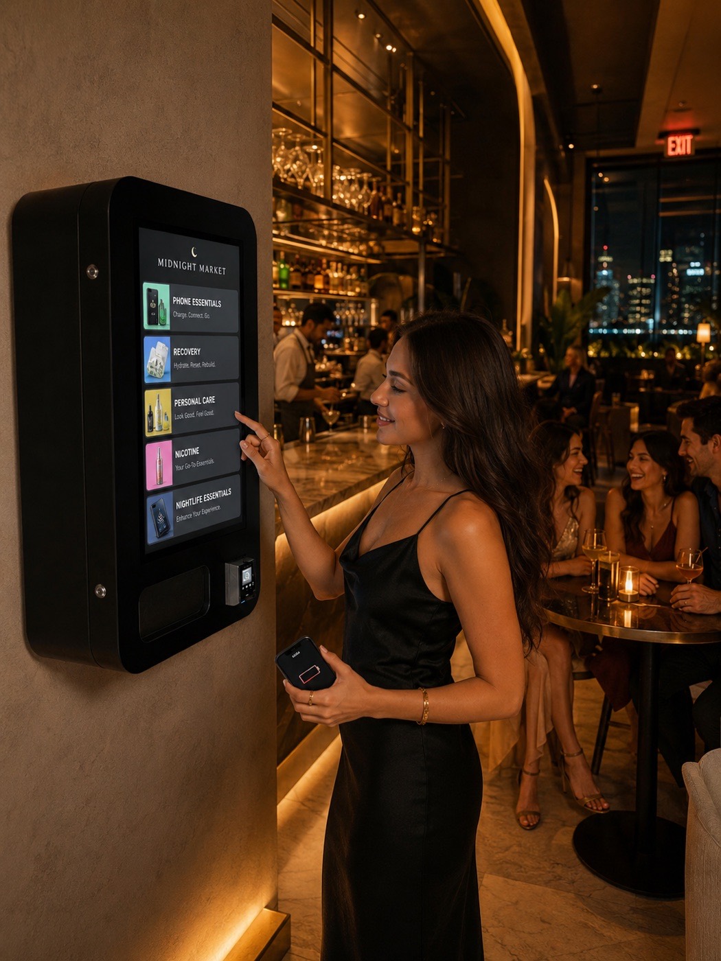 A guest tapping the touchscreen of a wall-mounted Midnight Market kiosk in a low-lit lounge interior.
